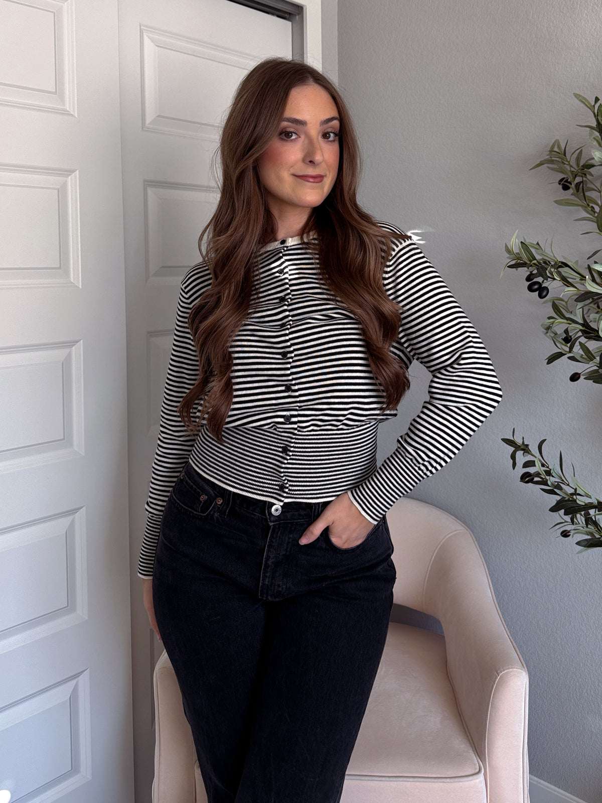 Bridgette Striped Cotton Ribbed Button Down Cardigan (Cream/Black)