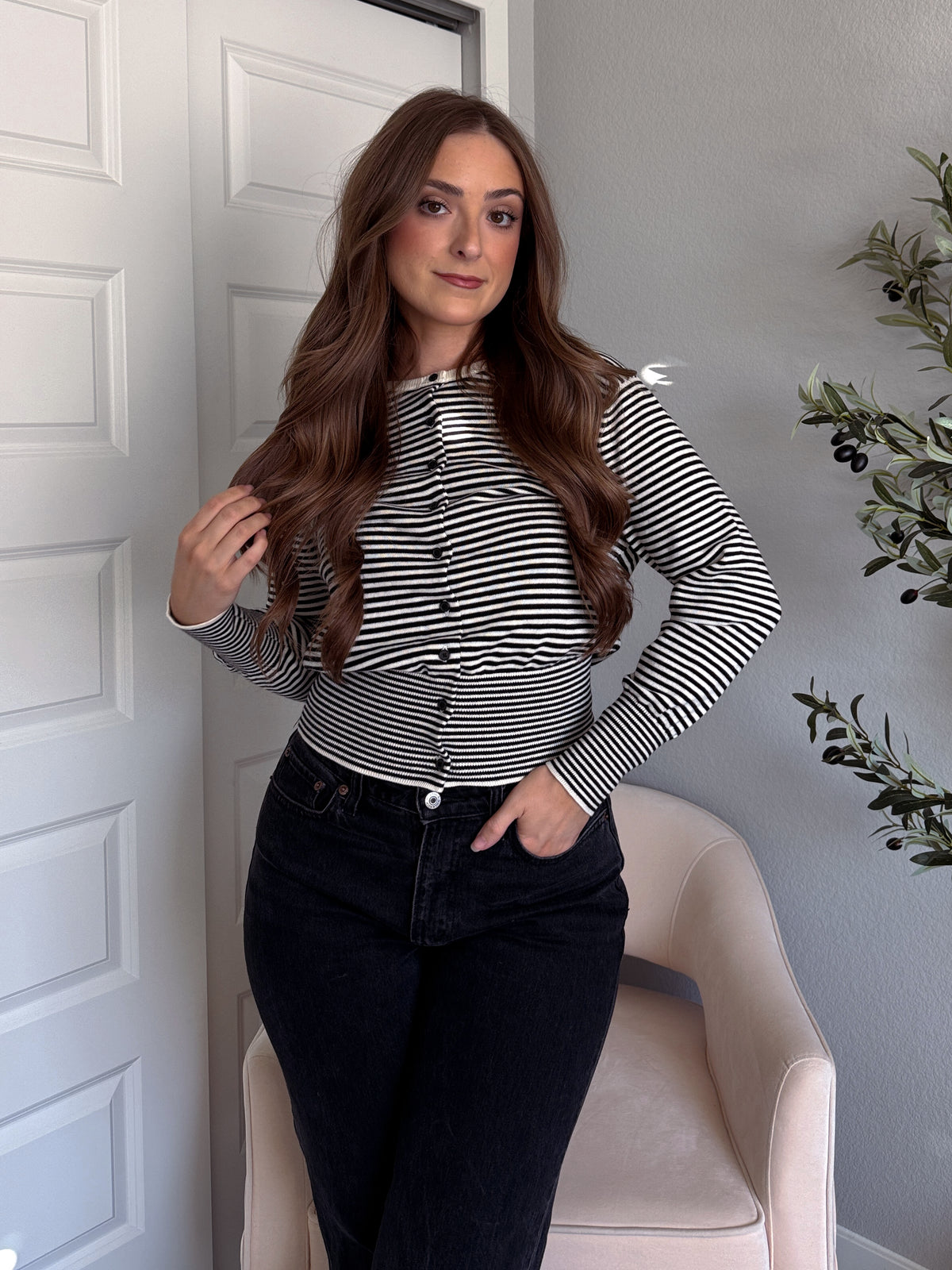Bridgette Striped Cotton Ribbed Button Down Cardigan (Cream/Black)