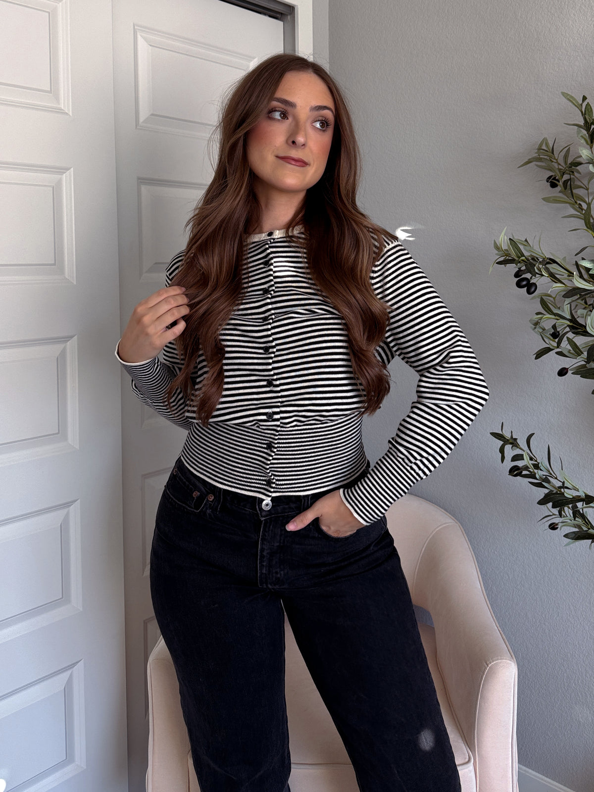Bridgette Striped Cotton Ribbed Button Down Cardigan (Cream/Black)