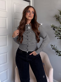 Bridgette Striped Cotton Ribbed Button Down Cardigan (Cream/Black)