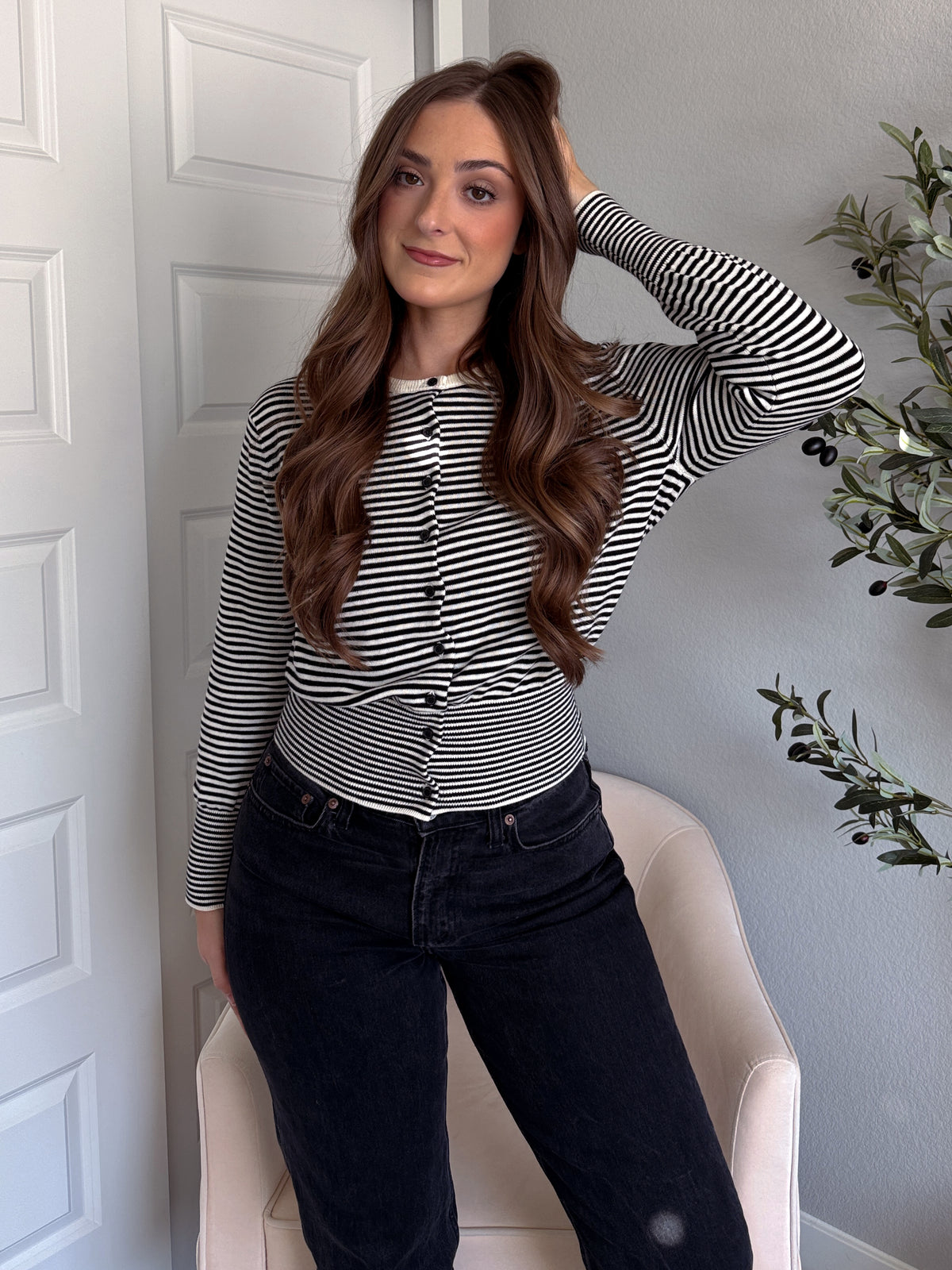 Bridgette Striped Cotton Ribbed Button Down Cardigan (Cream/Black)