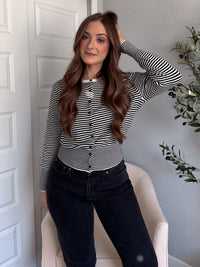 Bridgette Striped Cotton Ribbed Button Down Cardigan (Cream/Black)