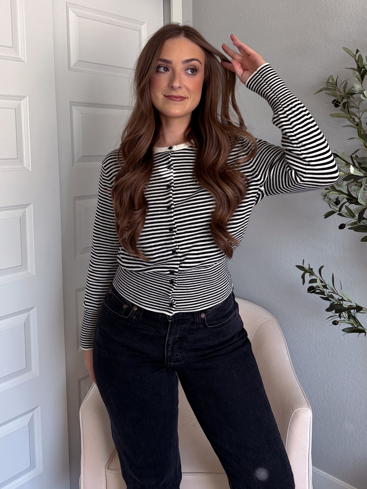 Bridgette Striped Cotton Ribbed Button Down Cardigan (Cream/Black)