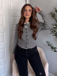 Bridgette Striped Cotton Ribbed Button Down Cardigan (Cream/Black)