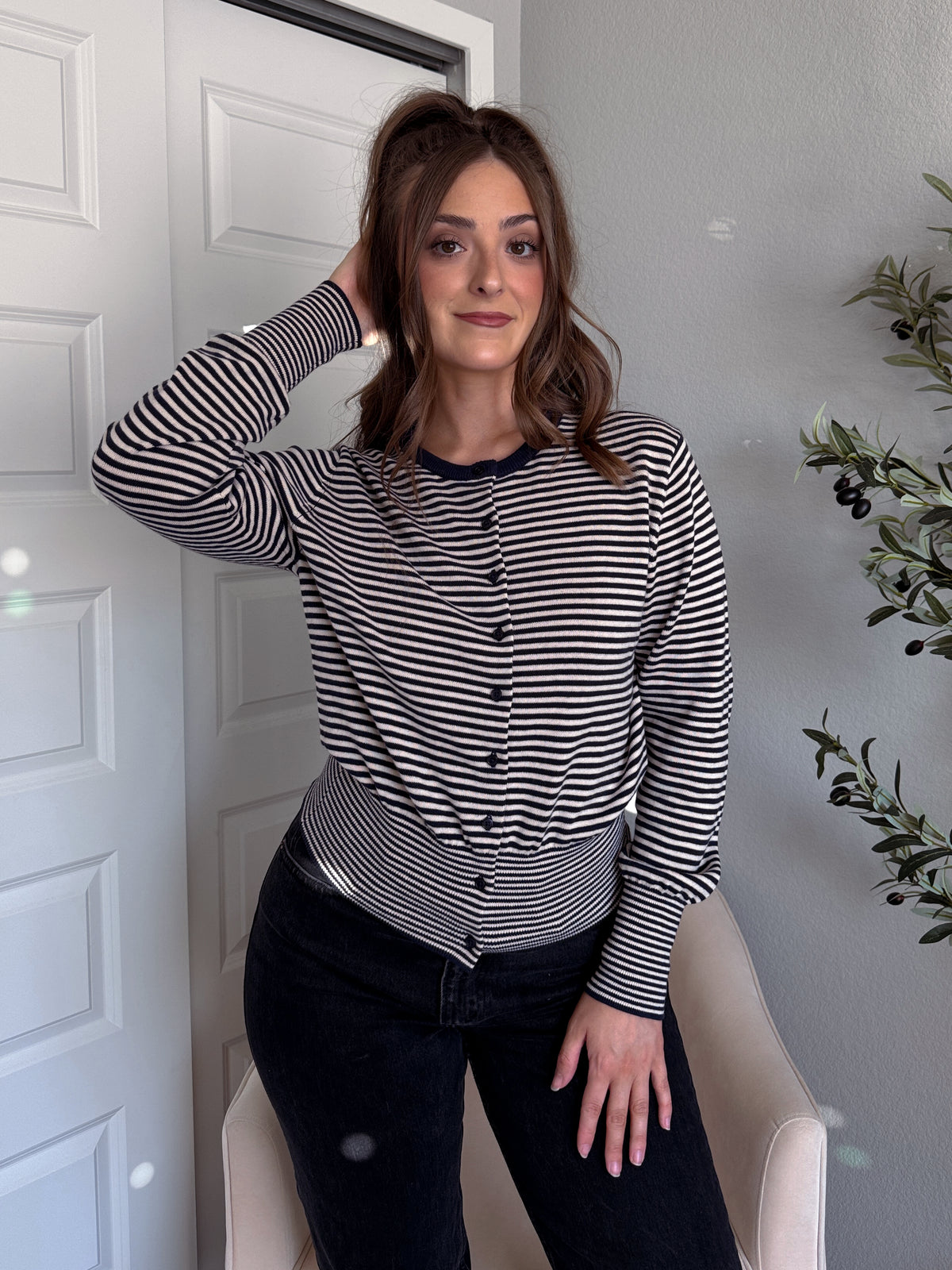 Bridgette Striped Cotton Ribbed Button Down Cardigan (Navy/Beige)