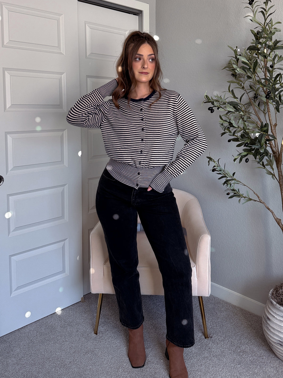 Bridgette Striped Cotton Ribbed Button Down Cardigan (Navy/Beige)