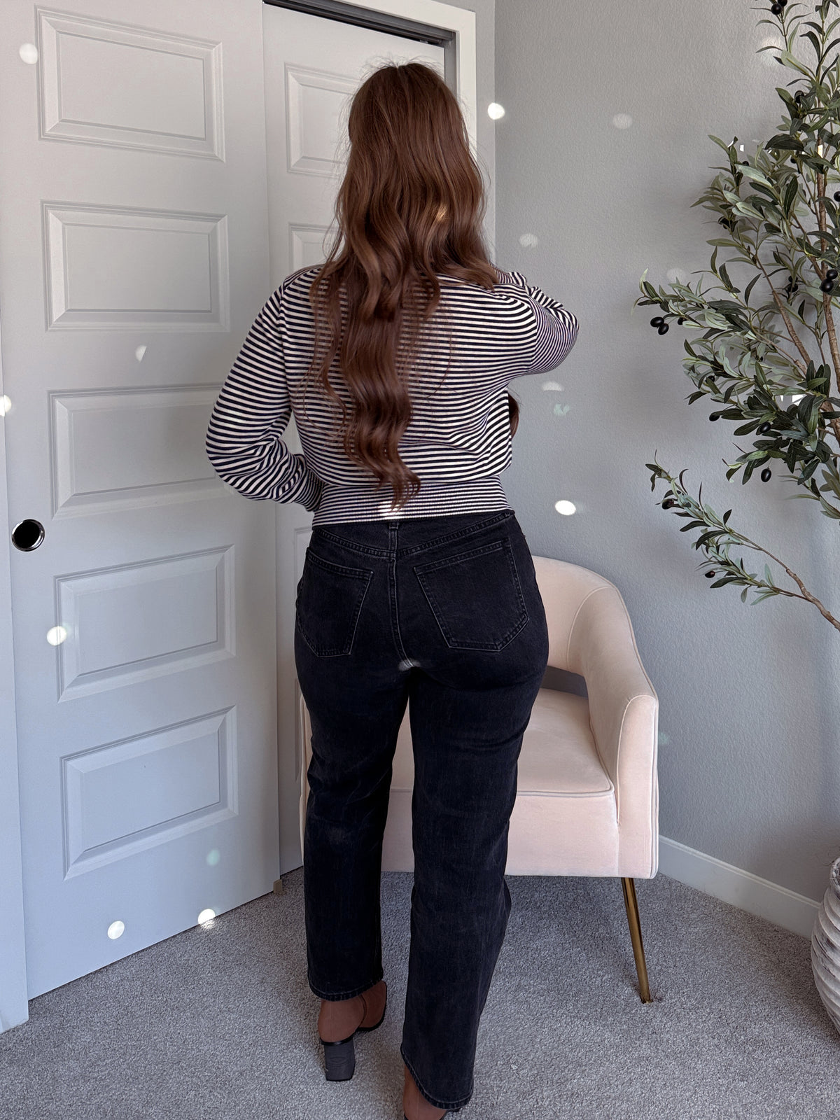 Bridgette Striped Cotton Ribbed Button Down Cardigan (Navy/Beige)