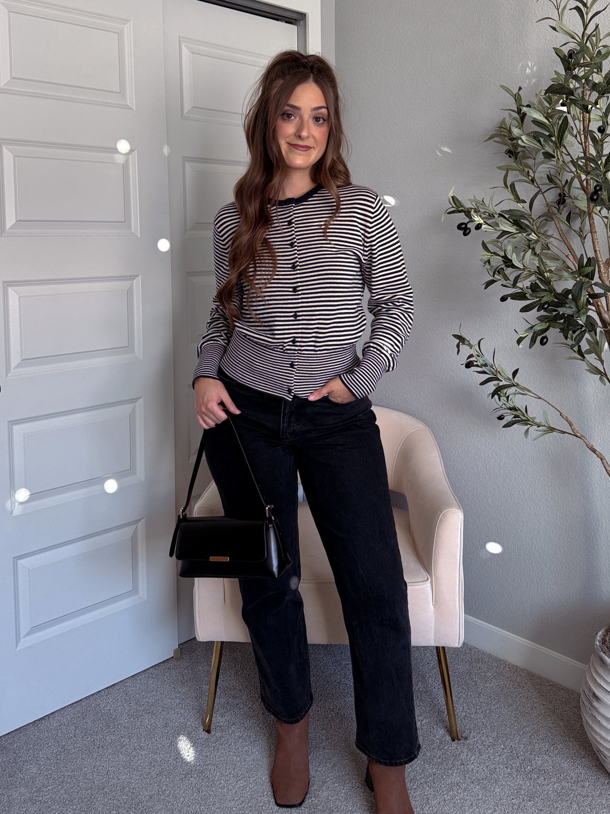 Bridgette Striped Cotton Ribbed Button Down Cardigan (Navy/Beige)