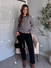 Bridgette Striped Cotton Ribbed Button Down Cardigan (Navy/Beige)