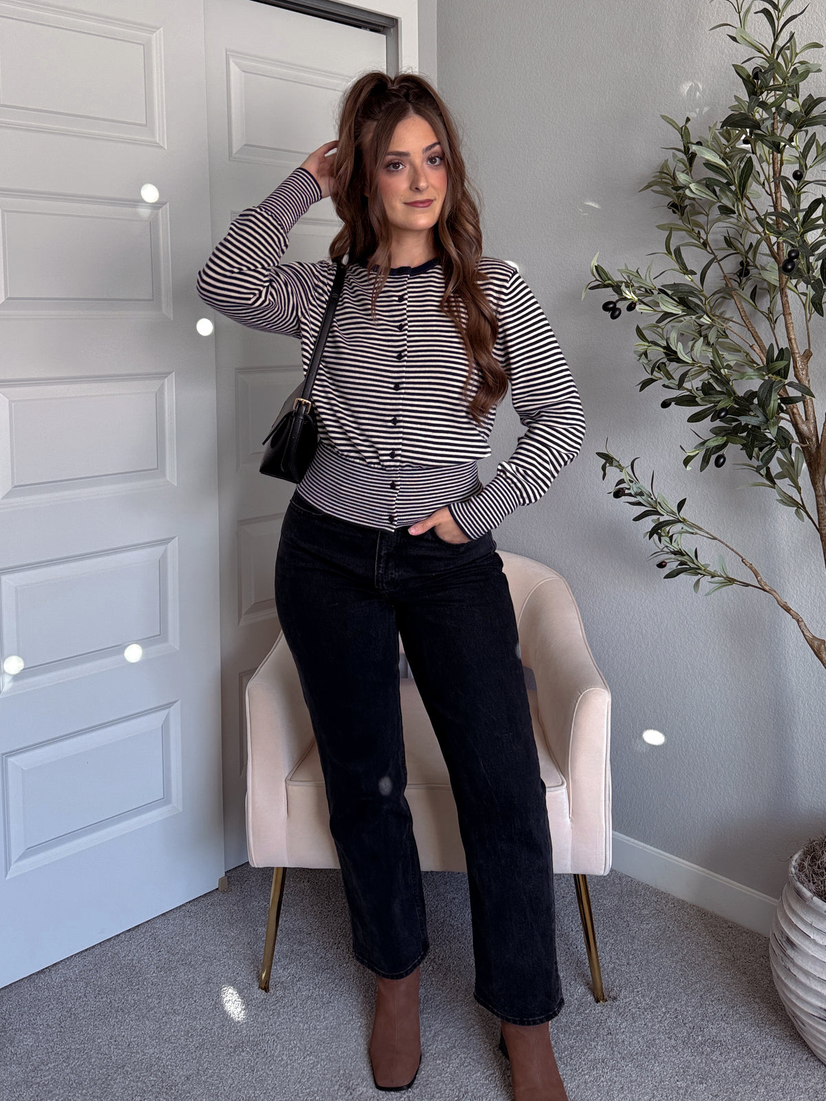 Bridgette Striped Cotton Ribbed Button Down Cardigan (Navy/Beige)