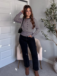 Bridgette Striped Cotton Ribbed Button Down Cardigan (Navy/Beige)