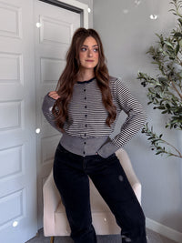 Bridgette Striped Cotton Ribbed Button Down Cardigan (Navy/Beige)