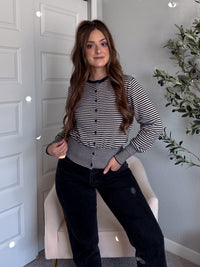 Bridgette Striped Cotton Ribbed Button Down Cardigan (Navy/Beige)