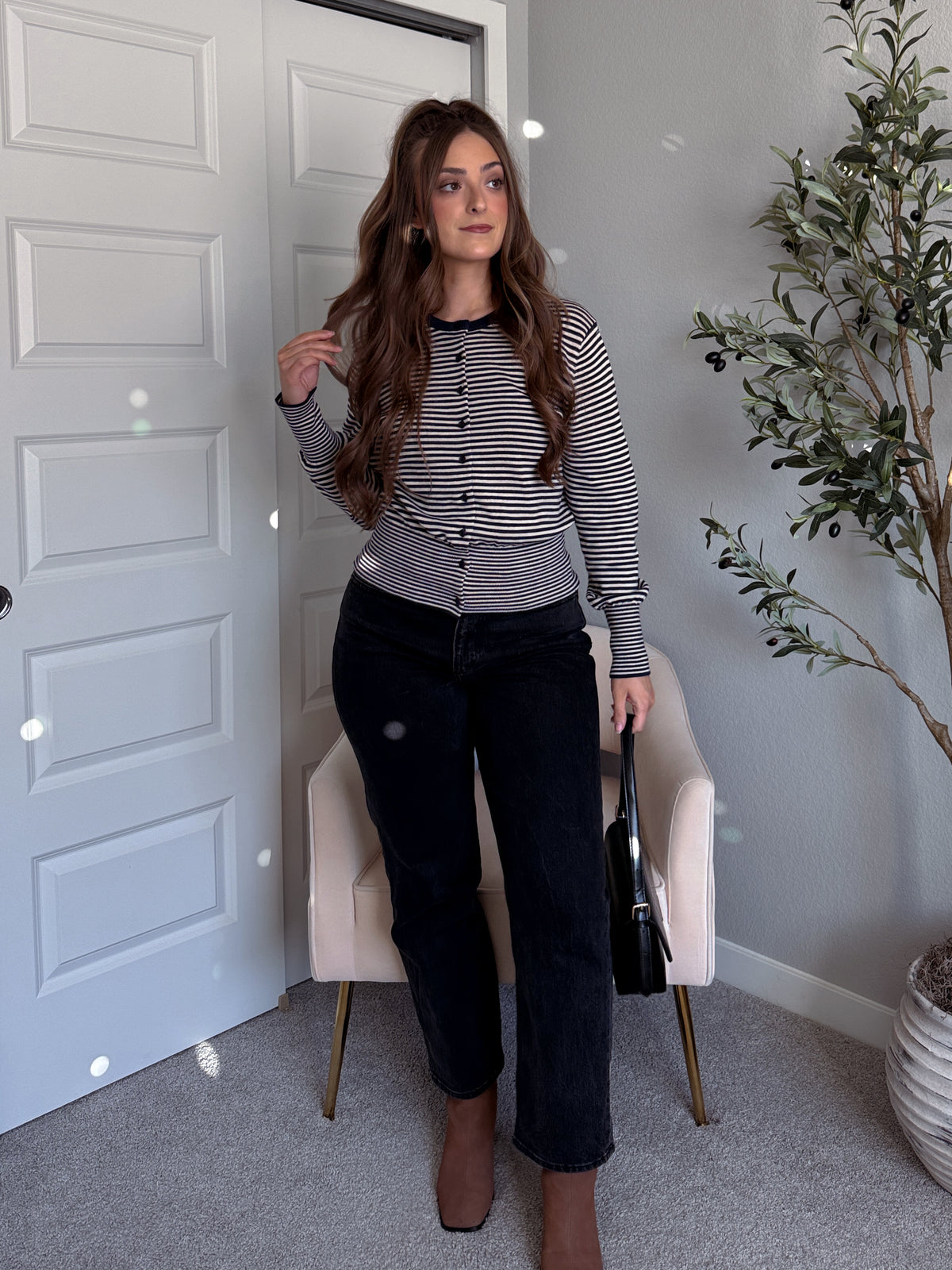 Bridgette Striped Cotton Ribbed Button Down Cardigan (Navy/Beige)