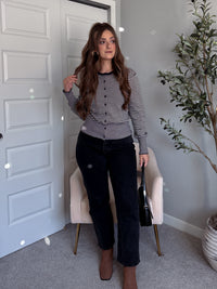 Bridgette Striped Cotton Ribbed Button Down Cardigan (Navy/Beige)