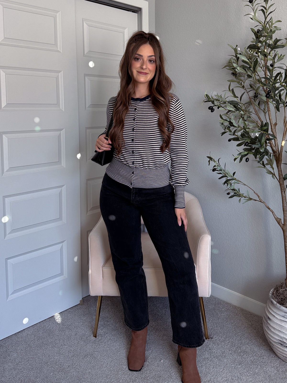 Bridgette Striped Cotton Ribbed Button Down Cardigan (Navy/Beige)