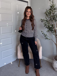 Bridgette Striped Cotton Ribbed Button Down Cardigan (Navy/Beige)