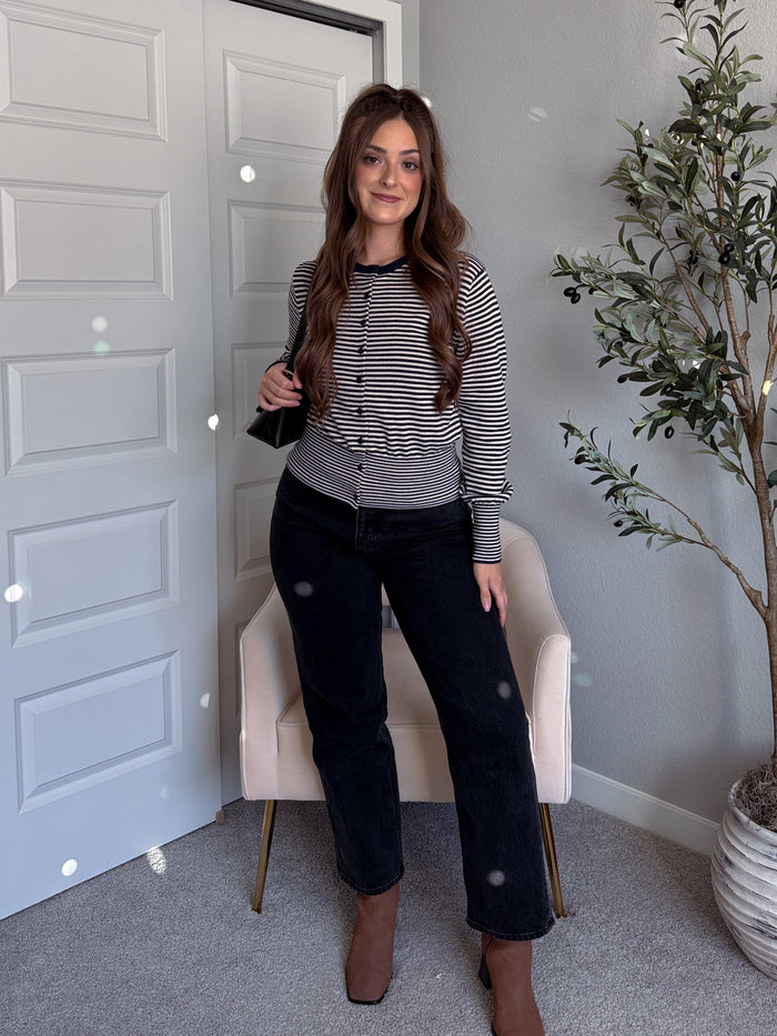 Bridgette Striped Cotton Ribbed Button Down Cardigan (Navy/Beige)
