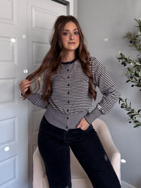Bridgette Striped Cotton Ribbed Button Down Cardigan (Navy/Beige)