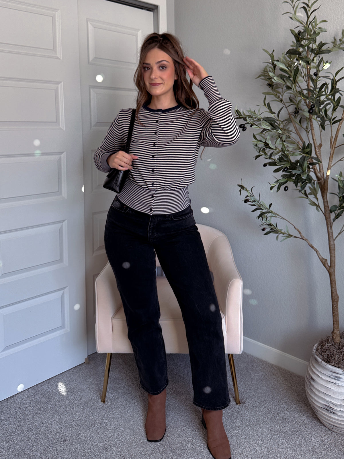 Bridgette Striped Cotton Ribbed Button Down Cardigan (Navy/Beige)