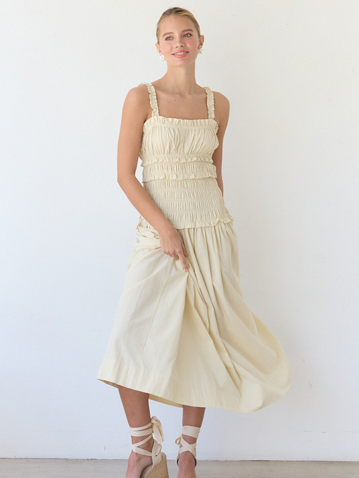 Brielle Smocked Drop-Waist Midi Dress (Light Beige)