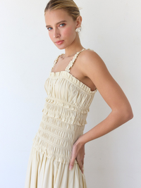 Brielle Smocked Drop-Waist Midi Dress (Light Beige)