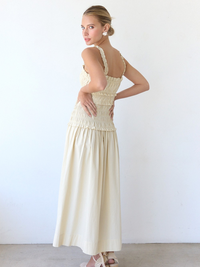 Brielle Smocked Drop-Waist Midi Dress (Light Beige)