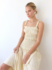 Brielle Smocked Drop-Waist Midi Dress (Light Beige)