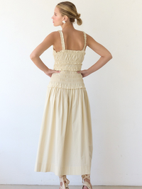Brielle Smocked Drop-Waist Midi Dress (Light Beige)