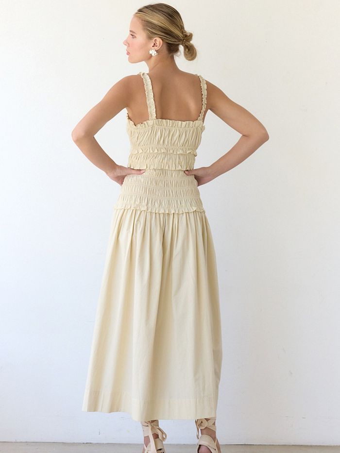 Brielle Smocked Drop-Waist Midi Dress (Light Beige)
