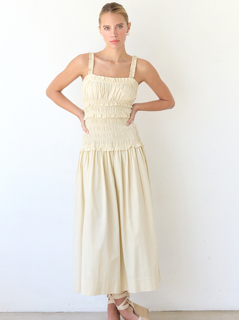 Brielle Smocked Drop-Waist Midi Dress (Light Beige)