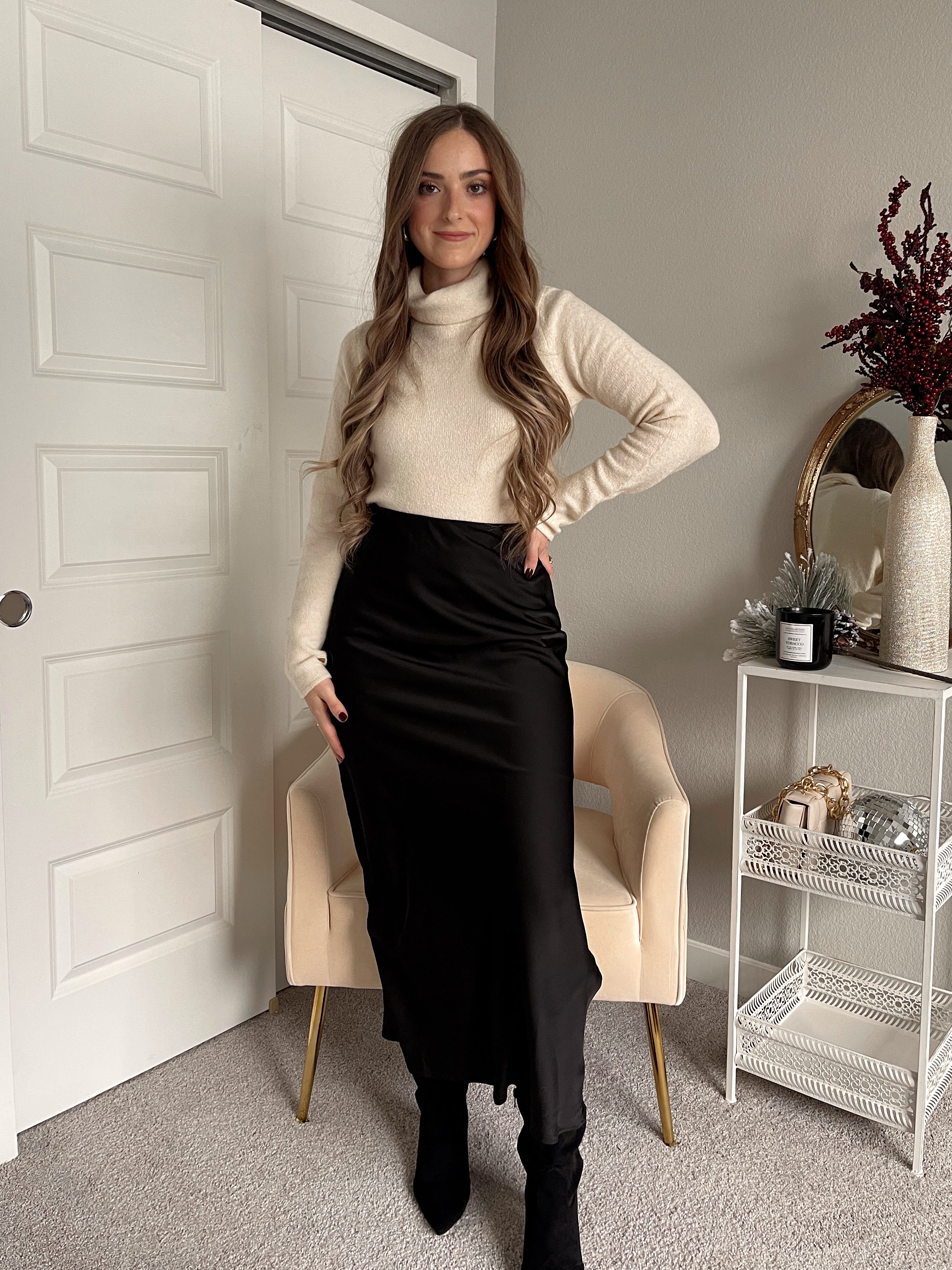 Brooklyn Bias Cut Side Slit Satin Maxi Skirt Black La Belle