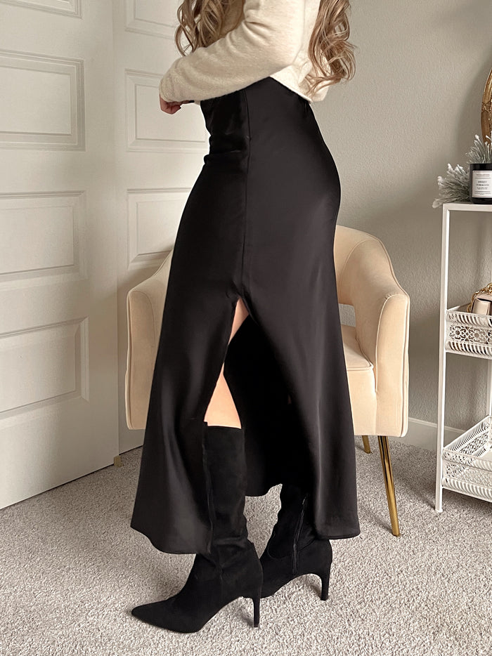 Brooklyn Bias Cut Side Slit Satin Maxi Skirt (Black)