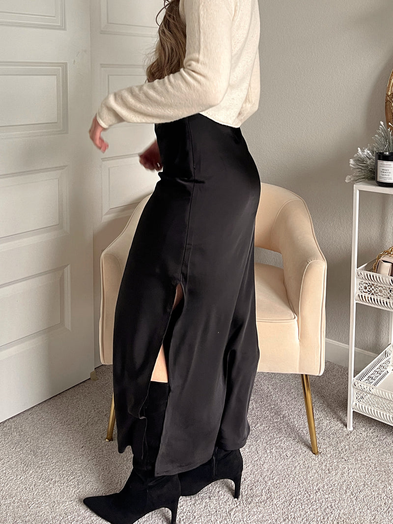 Brooklyn Bias Cut Side Slit Satin Maxi Skirt (Black)