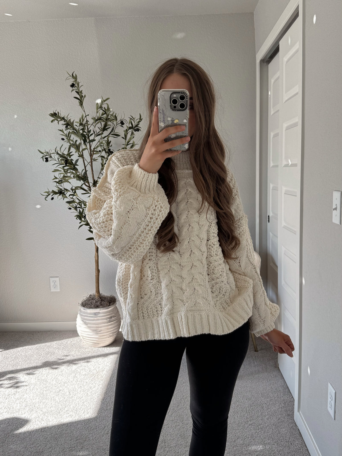 Brylie Mock Neck Balloon Sleeve Cable Knit Sweater (Cream)