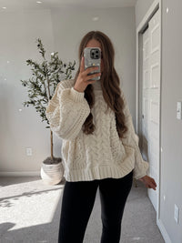 Brylie Mock Neck Balloon Sleeve Cable Knit Sweater (Cream)