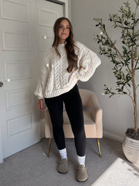 Brylie Mock Neck Balloon Sleeve Cable Knit Sweater (Cream)