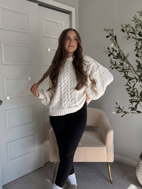Brylie Mock Neck Balloon Sleeve Cable Knit Sweater (Cream)