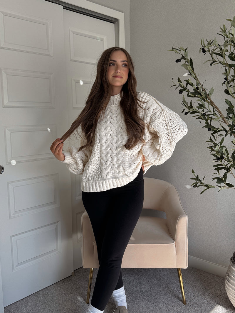 Brylie Mock Neck Balloon Sleeve Cable Knit Sweater (Cream)