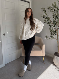 Brylie Mock Neck Balloon Sleeve Cable Knit Sweater (Cream)