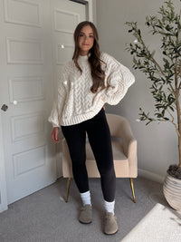 Brylie Mock Neck Balloon Sleeve Cable Knit Sweater (Cream)