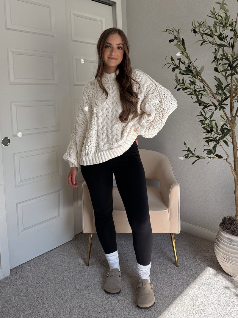 Brylie Mock Neck Balloon Sleeve Cable Knit Sweater (Cream)