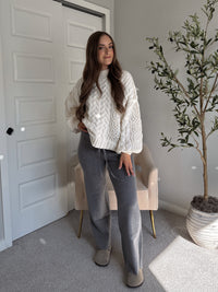 Brylie Mock Neck Balloon Sleeve Cable Knit Sweater (Cream)