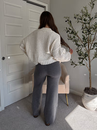 Brylie Mock Neck Balloon Sleeve Cable Knit Sweater (Cream)