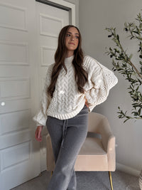 Brylie Mock Neck Balloon Sleeve Cable Knit Sweater (Cream)