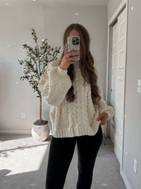 Brylie Mock Neck Balloon Sleeve Cable Knit Sweater (Cream)