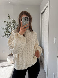 Brylie Mock Neck Balloon Sleeve Cable Knit Sweater (Cream)