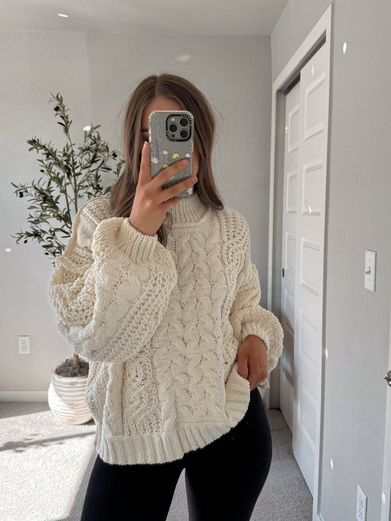 Brylie Mock Neck Balloon Sleeve Cable Knit Sweater (Cream)