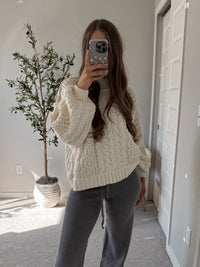 Brylie Mock Neck Balloon Sleeve Cable Knit Sweater (Cream)