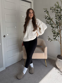 Brylie Mock Neck Balloon Sleeve Cable Knit Sweater (Cream)